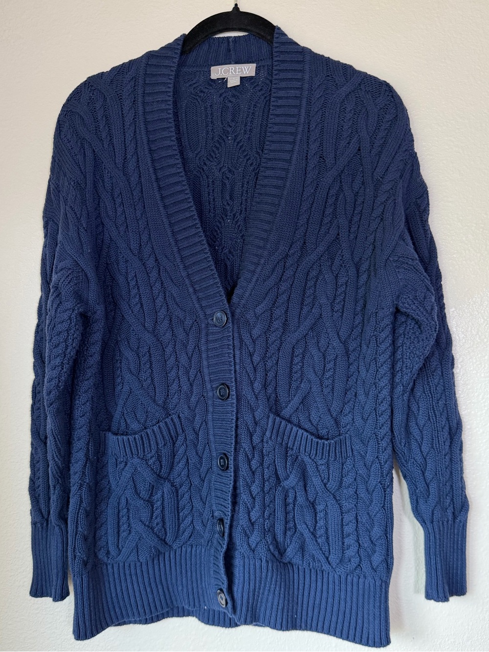 J. Crew Navy Blue Cable-Knit Button-Front Cardigan, Size Small